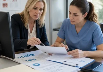Two women at desk reviewing printed charts and documents