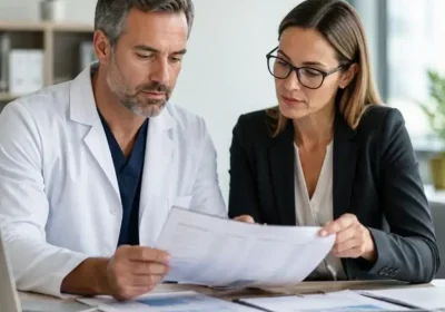 Doctor and woman in blazer reviewing documents at desk
