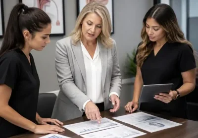 Three women reviewing printed reports and a tablet at table