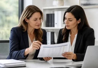 Two women in business attire reviewing a document at desk