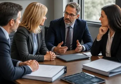 Four professionals in suits meeting around a table with documents