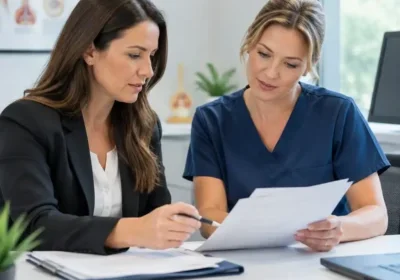 Two women reviewing papers together at office desk
