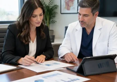 Woman in blazer and man in white coat reviewing charts