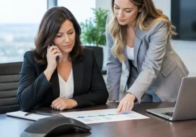 Two businesswomen at conference table, one on phone, one pointing