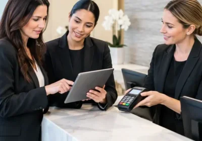Three women in suits reviewing tablet while holding card terminal
