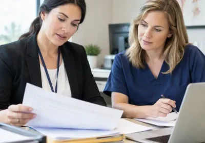 Two women reviewing paperwork at desk with laptop
