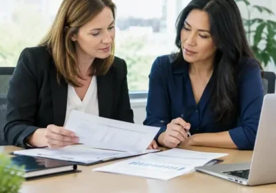 Two women in business attire reviewing documents at desk