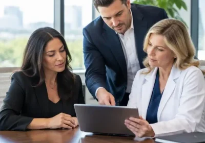 Three professionals reviewing a tablet at a conference table