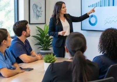 Woman pointing at wall charts while people sit and watch