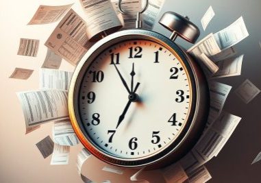 Alarm clock with flying paperwork and deadlines