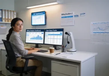 Woman at desk checking billing dashboard and charts.