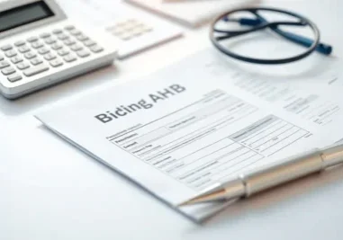 Invoice document with calculator and pen on desk