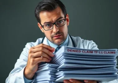 Doctor reviewing denied insurance claim documents.
