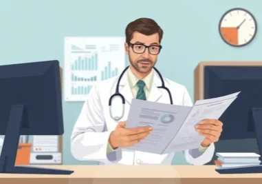 Doctor reviewing reports at desk with computer and charts.