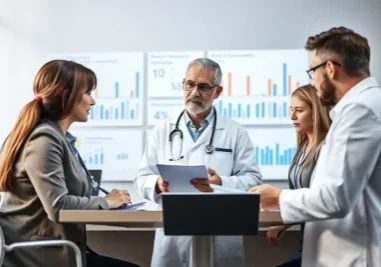 Medical team discussing charts in modern office meeting room.