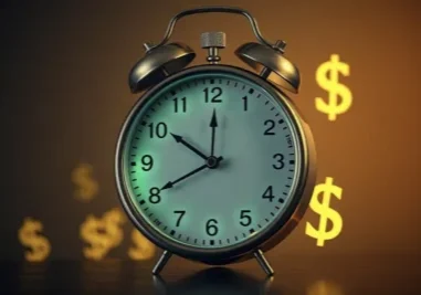 Clock with dollar symbols representing time money concept.