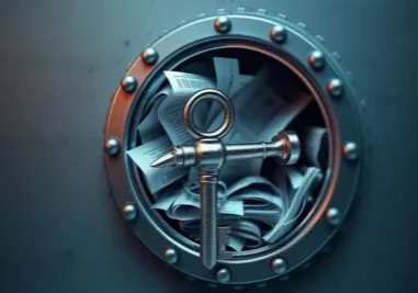 Key inserted into vault filled with paperwork.