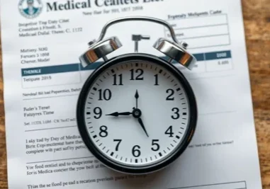 Alarm clock on medical document with time details