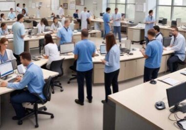 large group of medical staff working together with patients in a busy office to provide quality healthcare services