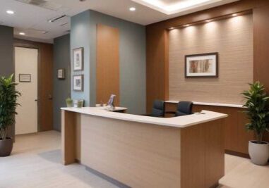 enhancing patient satisfaction - wide shot of a medical practice reception desk and hallway with an empty room