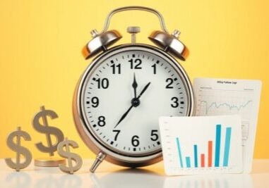 Alarm clock beside dollar signs and billing charts