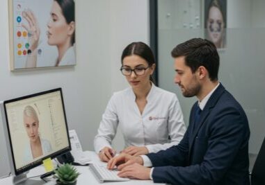 Plastic surgeon and consultant reviewing digital before-and-after images together