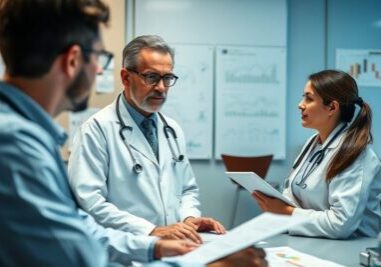 Doctors discussing charts during clinical team meeting