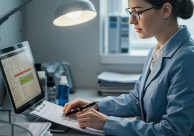 Medical billing specialist reviewing accounts and reports on computer screen