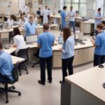 large group of medical staff working together with patients in a busy office to provide quality healthcare services