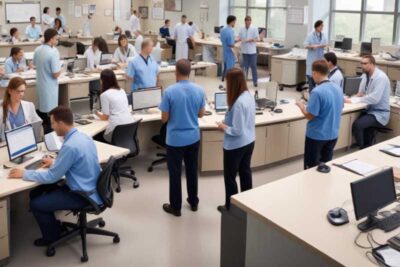 large group of medical staff working together with patients in a busy office to provide quality healthcare services