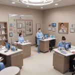 elevating excellence showing an administrative area for a busy medical practice with workers in scrubs taking care of billing and chartwork