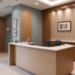 enhancing patient satisfaction - wide shot of a medical practice reception desk and hallway with an empty room
