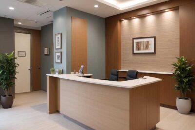 enhancing patient satisfaction - wide shot of a medical practice reception desk and hallway with an empty room