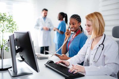 Diverse medical team working in busy modern hospital office