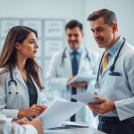 Group of doctors discussing reports in meeting