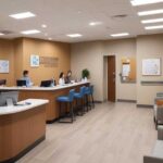 medical billing solutions for busy practices - a physician's waiting room with chairs, neutral decor, and a team of office staff at a desk