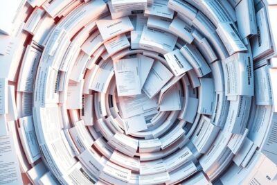 Spiral of medical billing documents forming complex maze