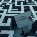 Person in maze holding sign labeled, Denial Management, overhead