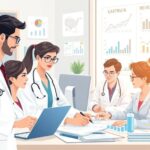 Medical team collaborates around laptop, analyzing practice revenue charts together