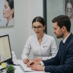 Plastic surgeon and consultant reviewing digital before-and-after images together