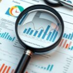 Magnifying glass highlighting medical financial charts and graphs