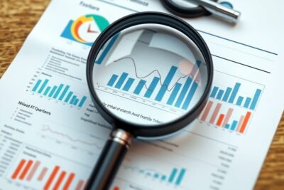 Magnifying glass highlighting medical financial charts and graphs