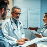 Doctors discussing charts during clinical team meeting