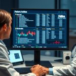 Doctors analyzing patient data on large monitor