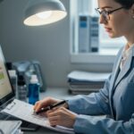 Medical billing specialist reviewing accounts and reports on computer screen