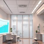 Modern office with projected financial growth chart