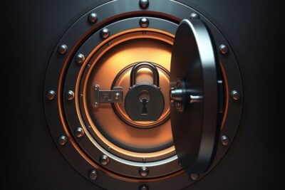 Open secure vault door glowing with warm light